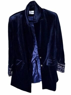 Futario vintage navy blue embroidered blazer white ruffle shirts XL